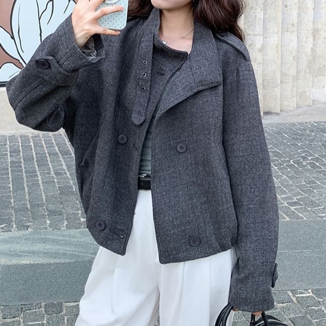 Tzarkozy-Stand Collar Plain Button Up Jacket