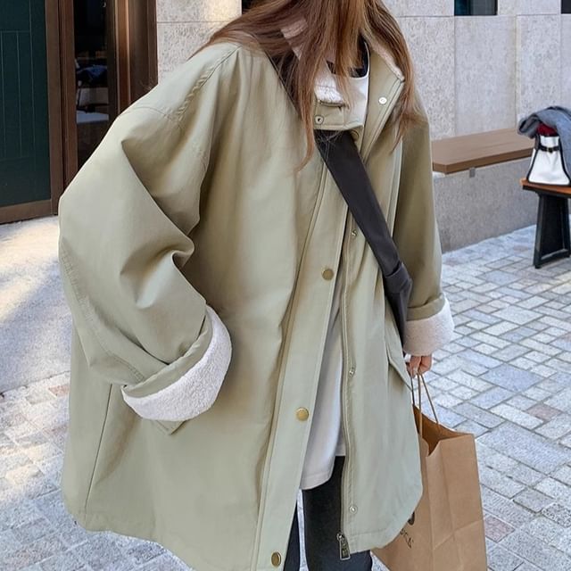 Tzarkozy-Stand Collar Plain Fleece Lined Zip Coat