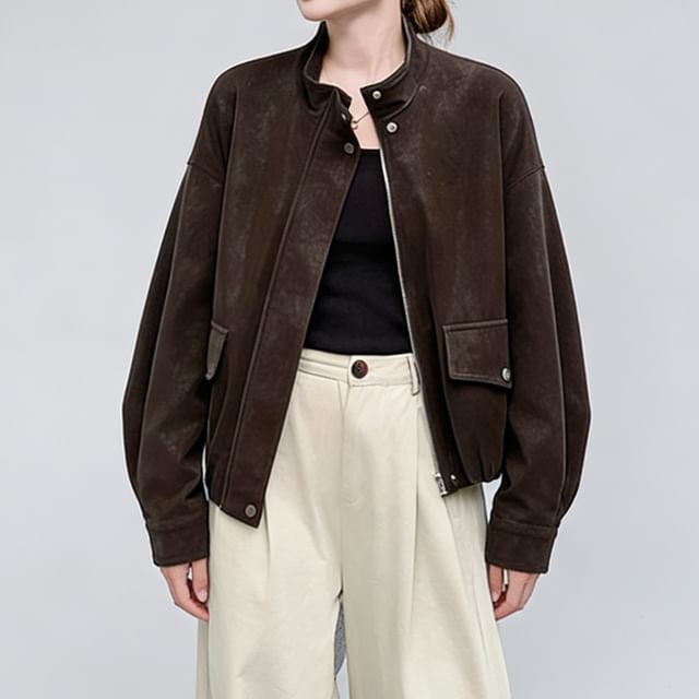 Tzarkozy-Stand Collar Plain Pocket Detail Zip Jacket