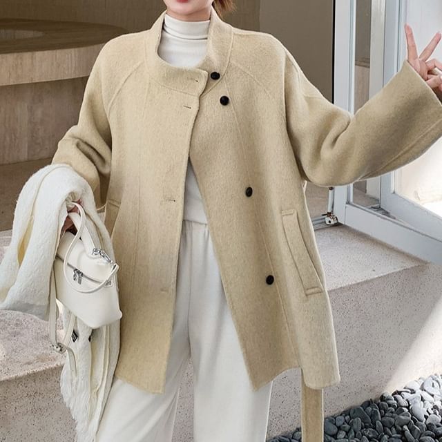 Tzarkozy-Stand Collar Plain Sashed Single-Breasted Coat