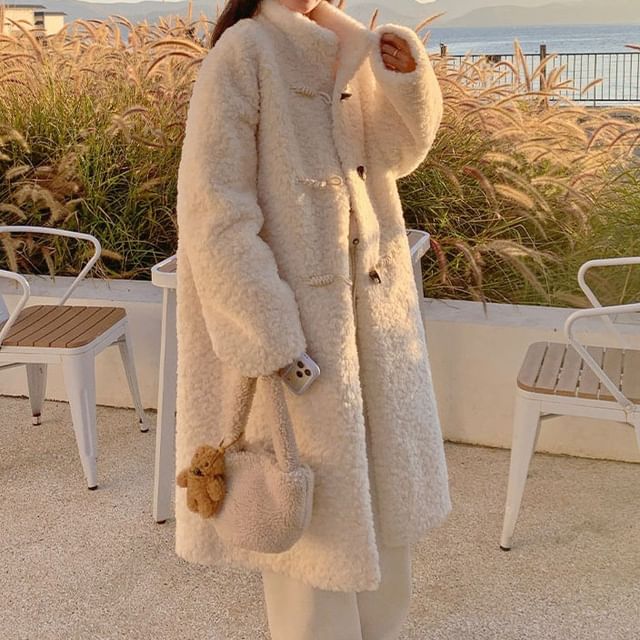 Tzarkozy-Stand Collar Plain Toggle Fleece Long Coat