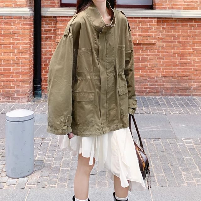 Tzarkozy-Stand Collar Zip-Up Plain Utility Jacket
