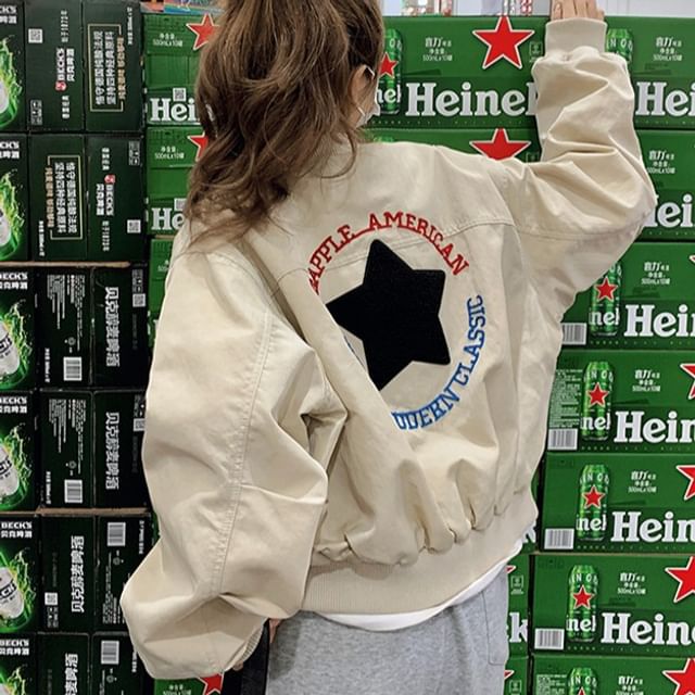 Tzarkozy-Star Applique Zip Baseball Jacket