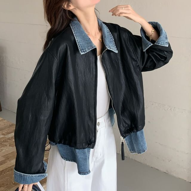Tzarkozy-Two Tone Denim Patchwork Faux Leather Zip Jacket