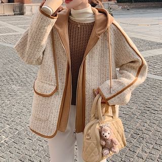 Tzarkozy-Two Tone Drawstring Hooded Tweed Zip Jacket