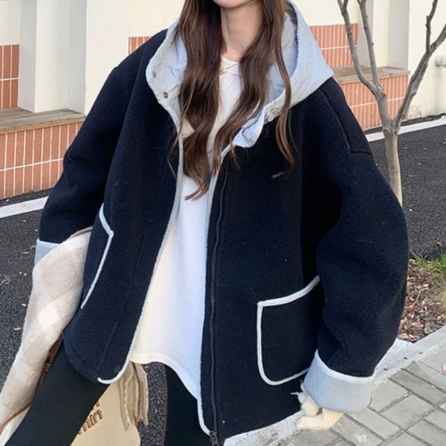 Tzarkozy-Two Tone Hooded Zip-Up Fleece Jacket