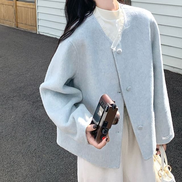 Tzarkozy-V-Neck Contrast Frill Trim Button Jacket