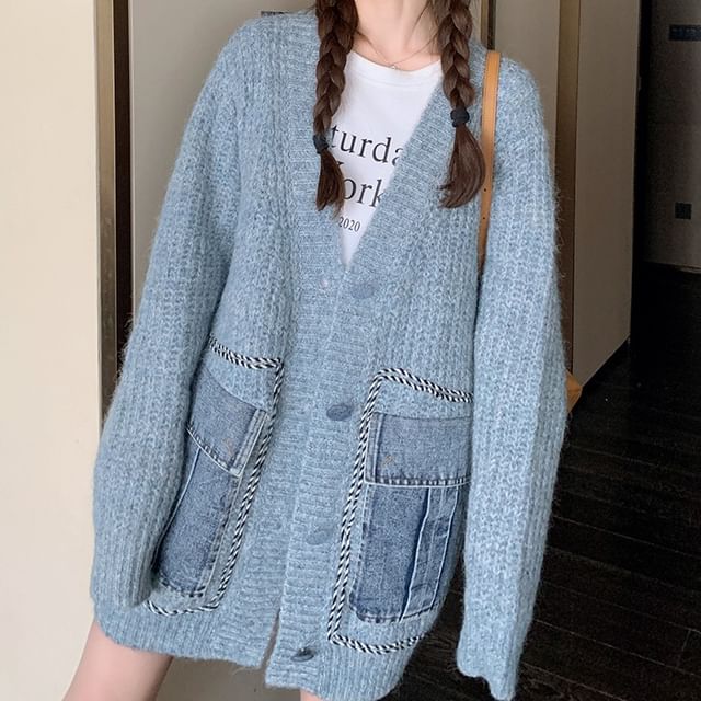 Tzarkozy-V-Neck Plain Washed Denim Button Long Cardigan