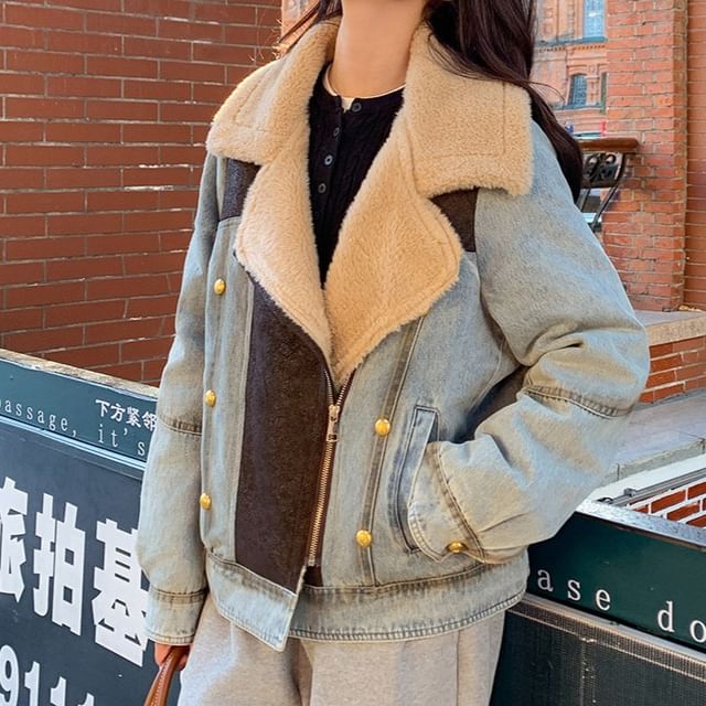 Tzarkozy-Washed Patchwork Denim Zip Jacket