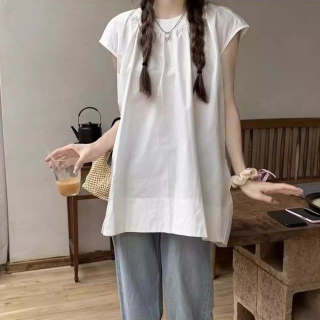 Ukiyo-Cap-Sleeve Crew Neck Plain Ruched Slit Tunic
