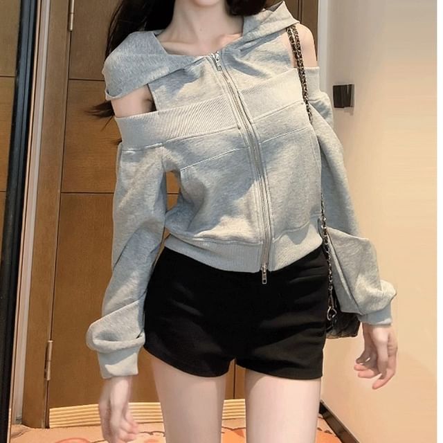 Ukiyo-Cold Shoulder Panel Zip Hoodie
