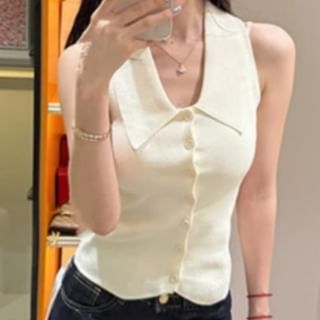 Ukiyo-Collar Plain Button Knit Tank Top