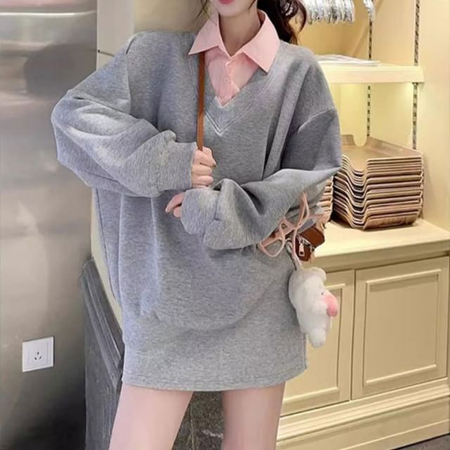 Ukiyo-Collar Two Tone Mock Two-Piece Oversized Pullover