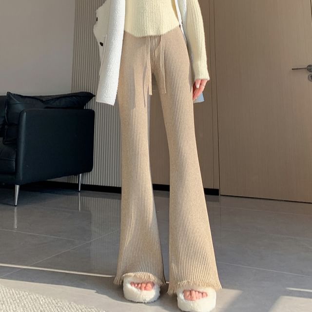 Ukiyo-Drawstring Waist Plain Fringed Ribbed Flared Knit Pants