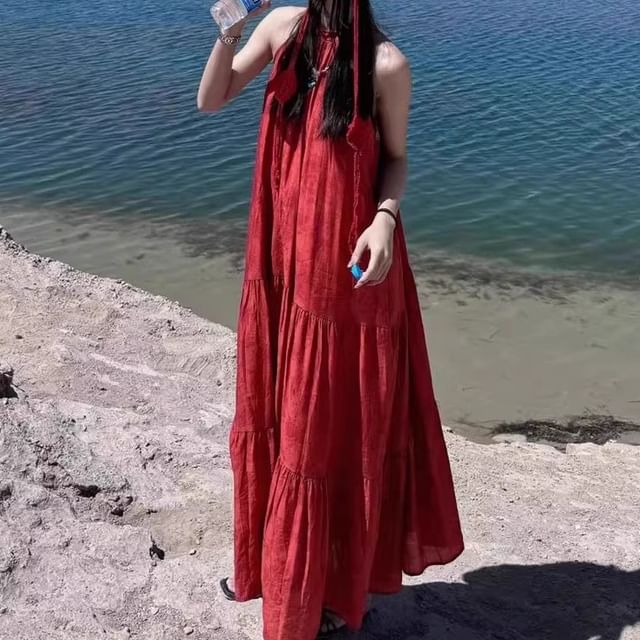 Ukiyo-Halter Neck Plain Tie Back Midi Tunic Dress
