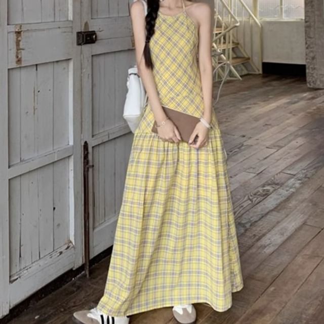 Ukiyo-Halter Plaid Maxi A-Line Dress