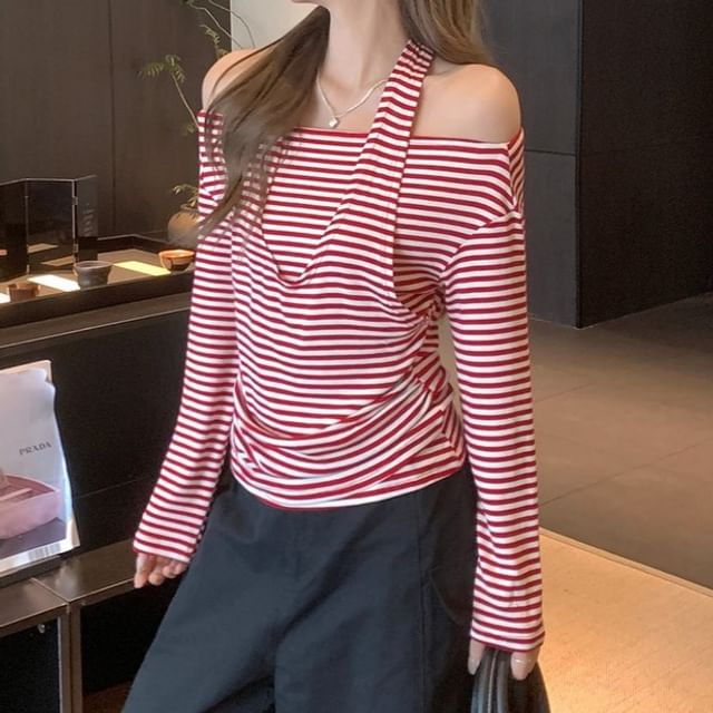 Ukiyo-Long Sleeve Cold Shoulder Striped Mock Two Piece Top