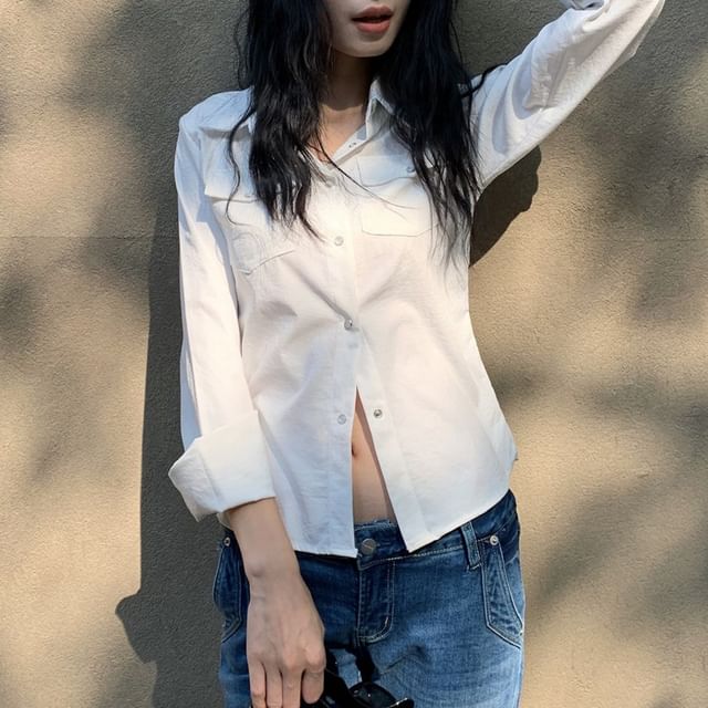 Ukiyo-Long Sleeve Collared Plain Flap Pocket Shirt
