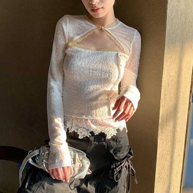 Ukiyo-Long-Sleeve Cutout Lace Crop Top