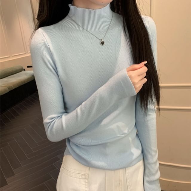 Ukiyo-Long-Sleeve Turtleneck Plain Ribbed Knit Top