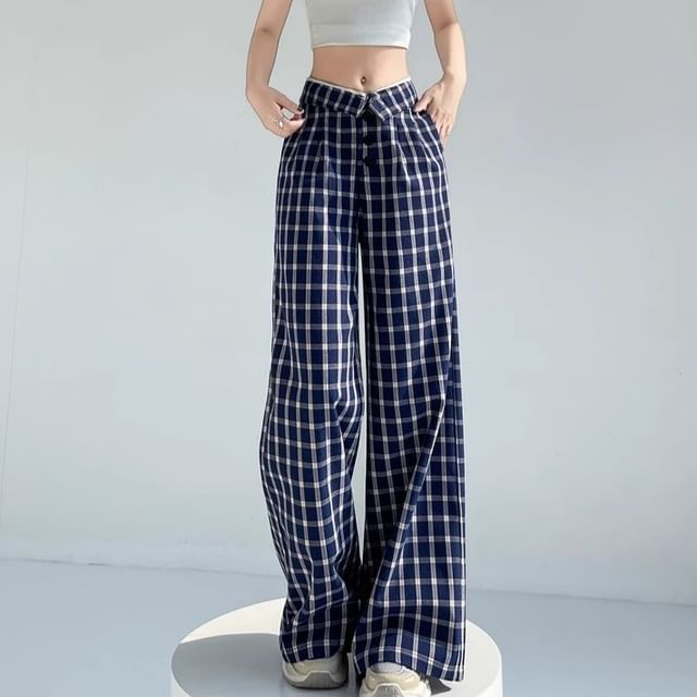 Ukiyo-Mid Rise Plaid Wide Leg Pants