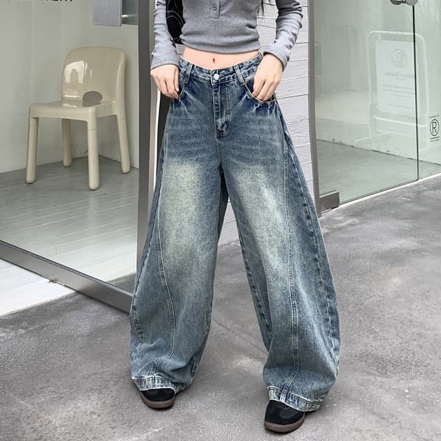 Ukiyo-Mid Waist Washed Barrel Leg Baggy Jeans