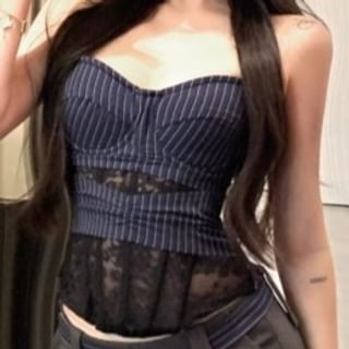 Ukiyo-Pinstriped Panel Lace Tube Bustier Top