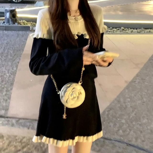 Ukiyo-Set Long-Sleeve Round Neck Two Tone Ruffle Trim Button Knit Top High Rise Mini A-Line Skirt