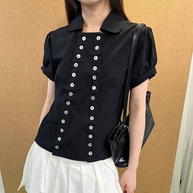 Ukiyo-Short-Sleeve Collared Plain Double Breasted Shirt