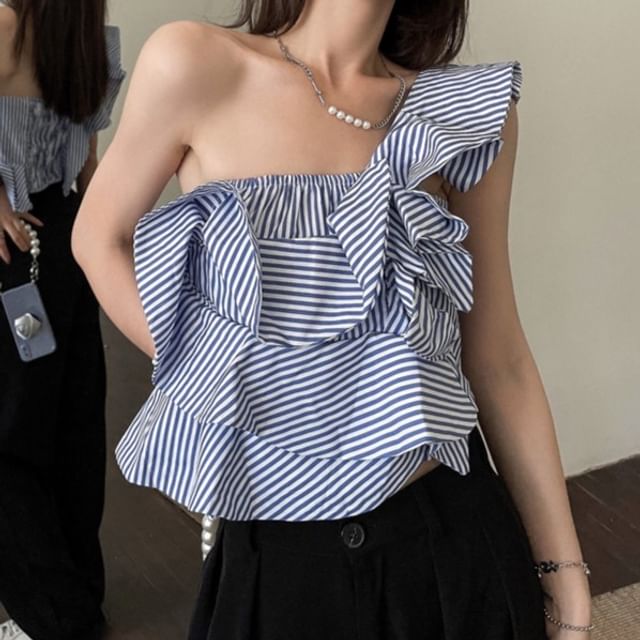 Ukiyo-Sleeveless One-Shoulder Striped Ruffle Trim Blouse