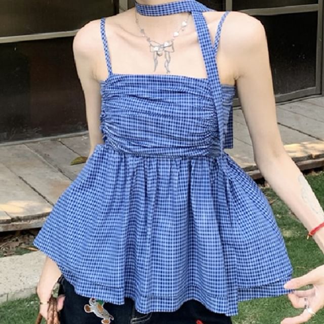 Ukiyo-Spaghetti Strap Plaid Flowy Cami Top