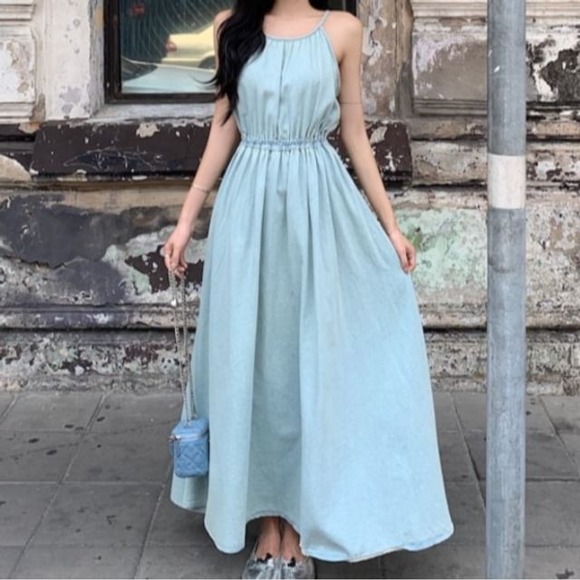 Ukiyo-Spaghetti Strap Plain Open Back Maxi A-Line Dress