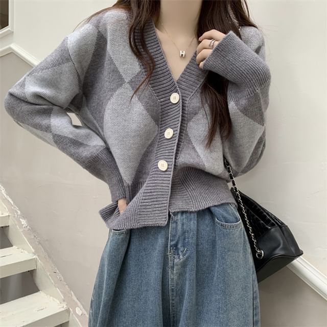 Ukiyo-V-Neck Argyle Cardigan