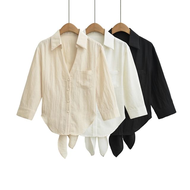 Ulark-34 Sleeve Collared V-Neck Plain Tie Back Shirt