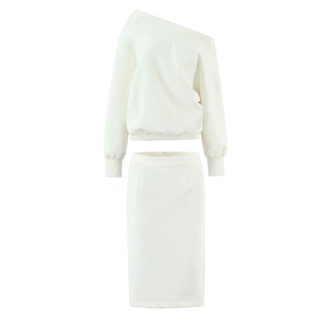 Ulark-Asymmetrical Neck Off-Shoulder Pullover High Waist Midi Pencil Skirt