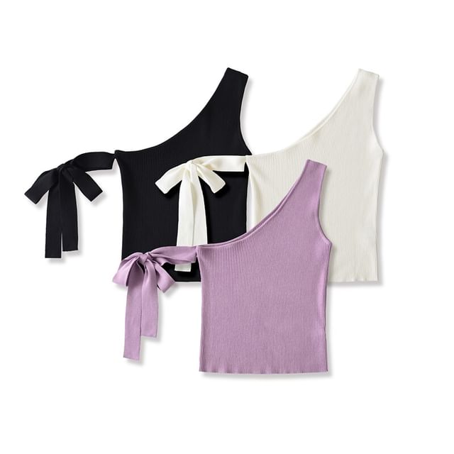 Ulark-Asymmetrical Plain Knit Tank Top