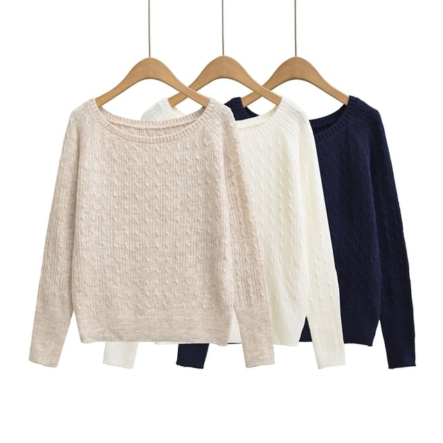 Ulark-Boat Neck Plain Cable Knit Sweater
