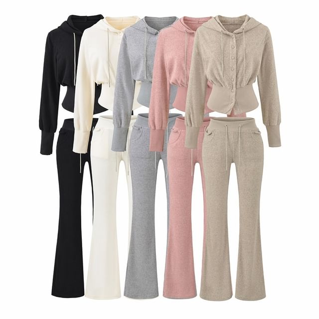 Ulark-Button-Up Hooded Crop Jacket Bootcut Sweatpants