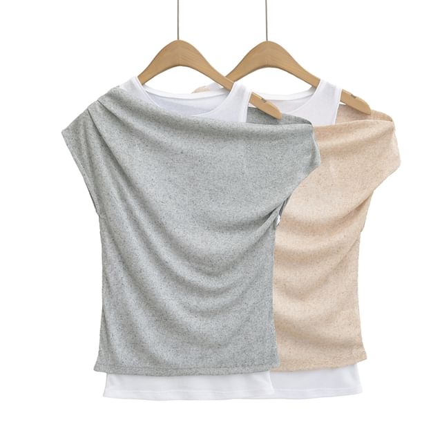 Ulark-Cap Sleeve Cold Shoulder Mock Two Piece Ruched Top