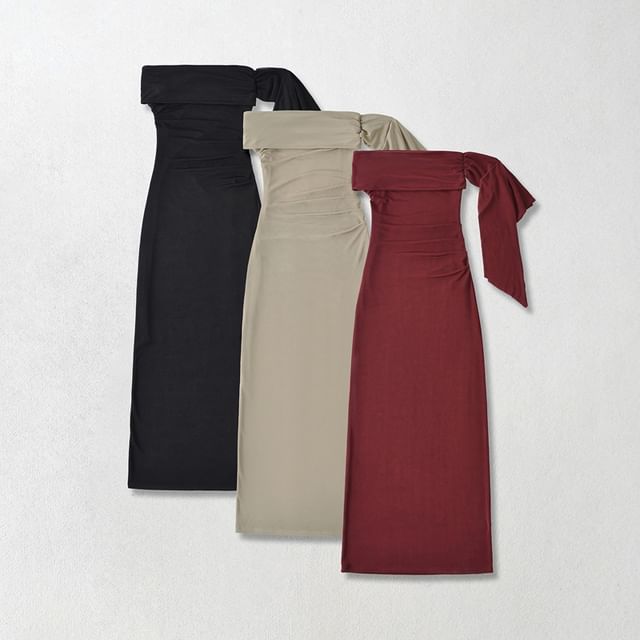 Ulark-Cap-Sleeve Off-Shoulder Plain Midi Sheath Dress