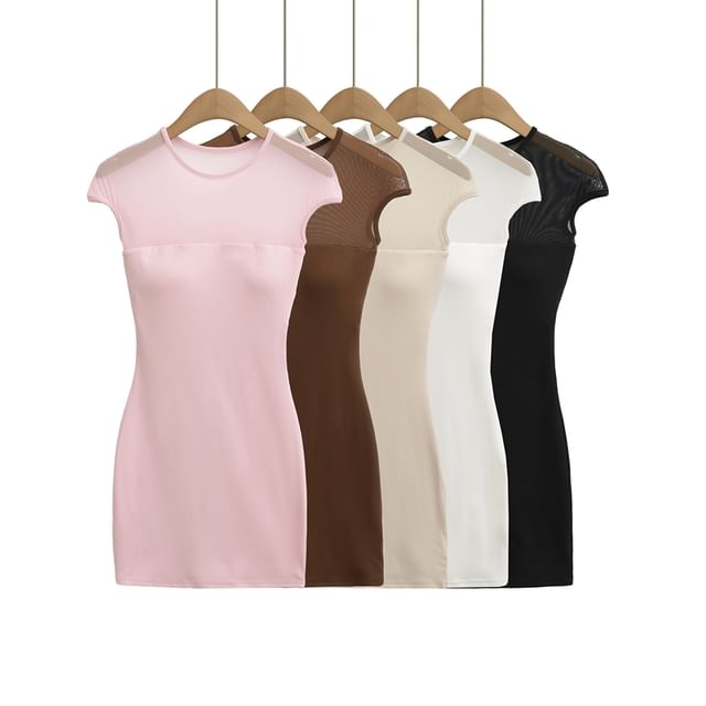 Ulark-Cap Sleeve Round Neck Plain Panel Mesh Mini Sheath Dress