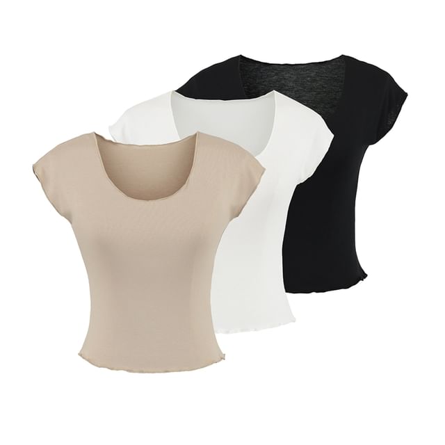 Ulark-Cap Sleeve Scoop Neck Plain T-Shirt