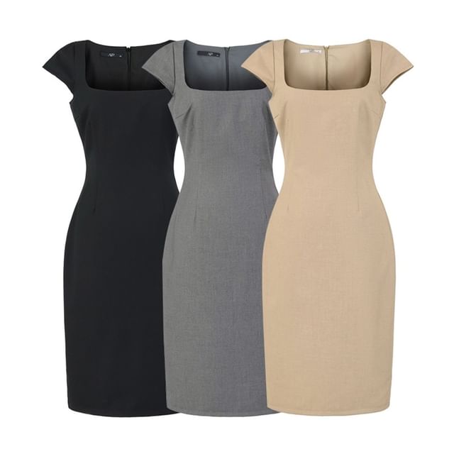 Ulark-Cap Sleeve Square Neck Plain Midi Sheath Dress