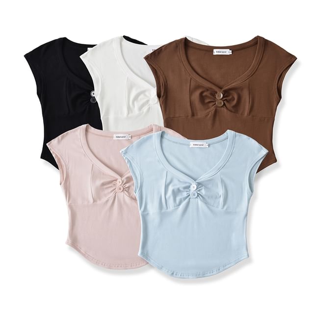 Ulark-Cap Sleeve V-Neck Button-Front Crop Tee