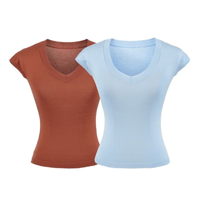 Ulark-Cap-Sleeve V-Neck Plain Knit Top