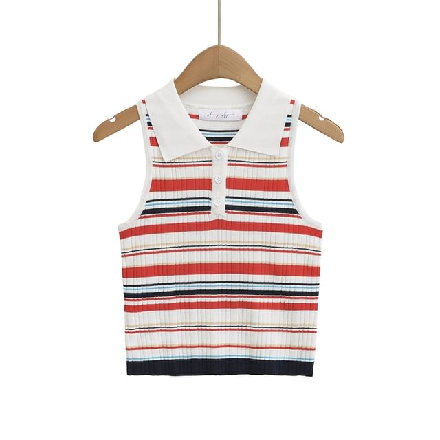 Ulark-Collar Henley Striped Ribbed Knit Tank Top