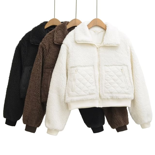 Ulark-Collar Plain Fleece Panel Zip Jacket