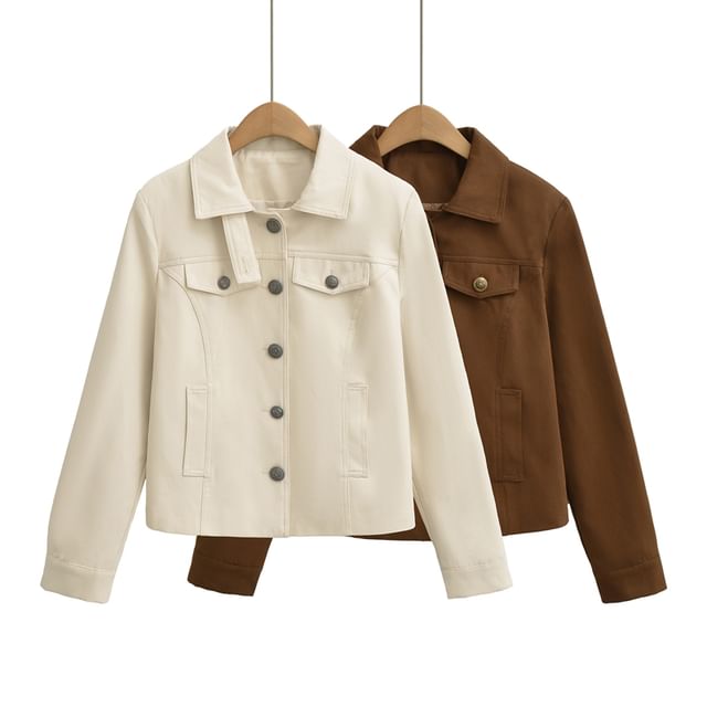 Ulark-Collared Button-Up Plain Crop Jacket