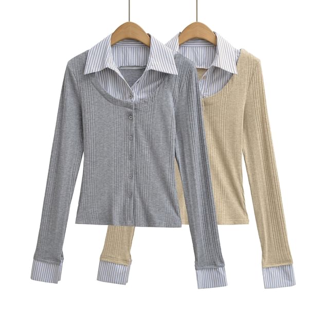 Ulark-Collared Striped Mock Two Piece Cardigan