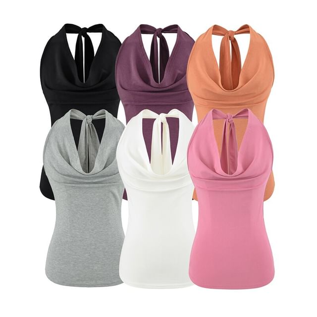 Ulark-Cowl Neck Plain Halter Top